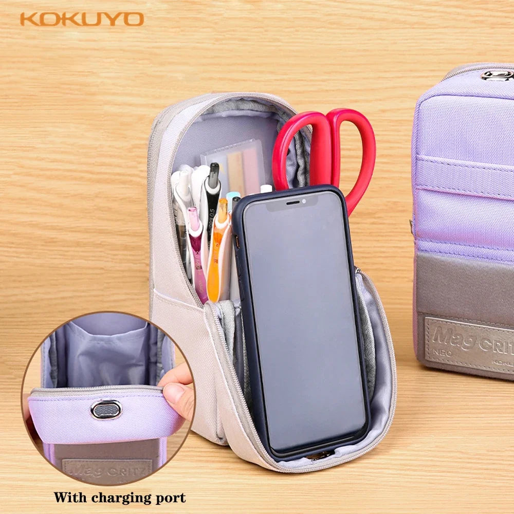 Japan KOKUYO Pencil Case Large Capacity Stationery Bag Expandable Double Layer Mobile Phone Holder 2-in-1 Cute Stationery Box