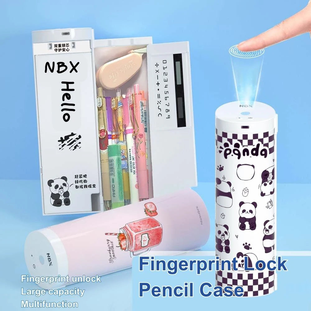 NBX Pencil Cases Fingerprint Password Lock Pencil Case Organizer Double Layer with Mirror Erasable Notepad Calculator for Kids